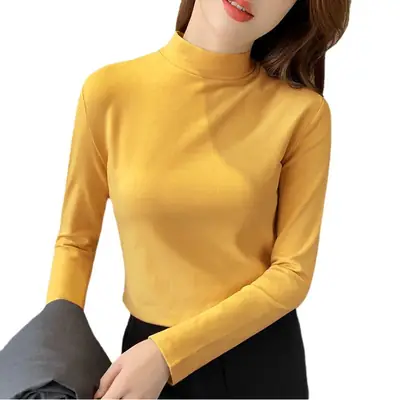 Women Velvet Collar Shirt Yellow Long Sleeve Winter Warm