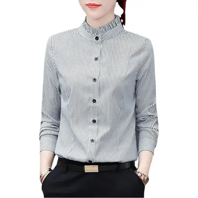 Women Blue Striped Long Sleeve Shirt with Fungus Design