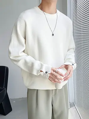 Men's White Knitted Crewneck Sweater with Hand Sleeve Split Button