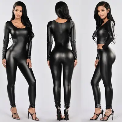 Black Patent Leather Conjoined Body Conjones Suit for Women