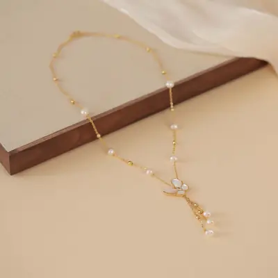 Nina Pearl Butterfly Necklace White Fritillaria Tassel