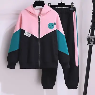 Girls Pink Teal Zipper Hoodie Sweatshirt Set Large
