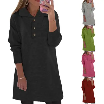 Women Grey Button Polo Long Sleeve Shirt