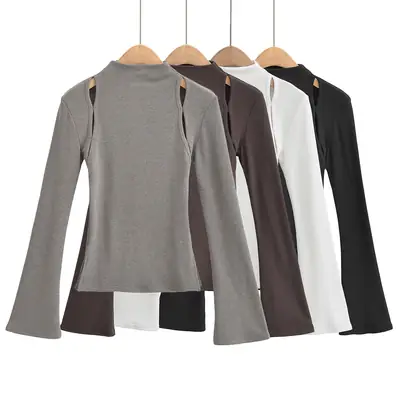 Women Fleece Hollow Long Sleeve Shirt Brown