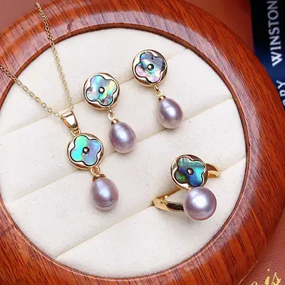 Freshwater Pearl Necklace Earrings Set Gold Plated Women