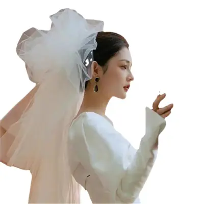 White Puffy Cloud Bubble Wedding Veil with Makeup
