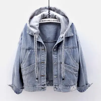 Women Hooded Denim Jacket Large Pocket Casual Wear