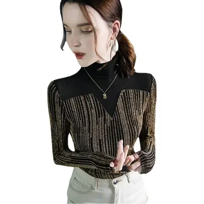 Fushengji Blue Mesh High Collar Top for Women