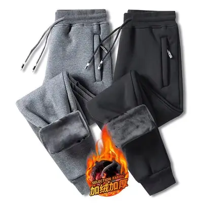 Men Fleece Lined Warm Pants Black Spring Autumn Loose Thickened