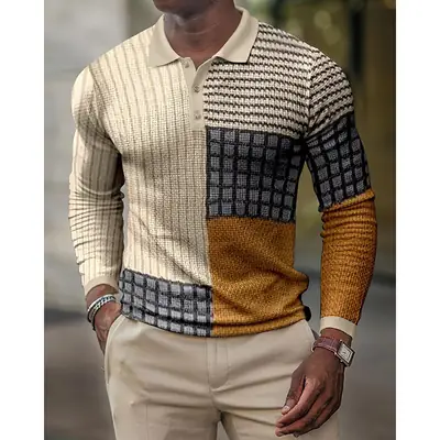 2025 Men Cross-Border 3D Printed Polo Shirt Blue Beige