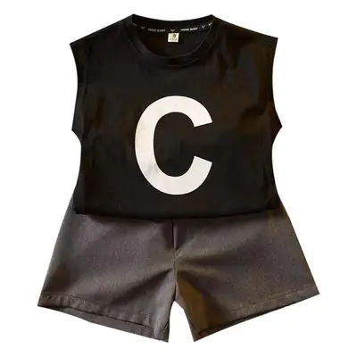 Boys Cotton Letter Vest Shorts Set White Black Casual