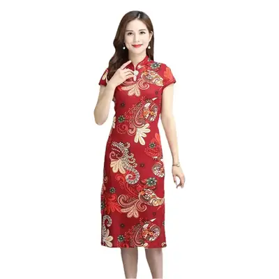 Red Printed Cheongsam Dress Women Summer 2023