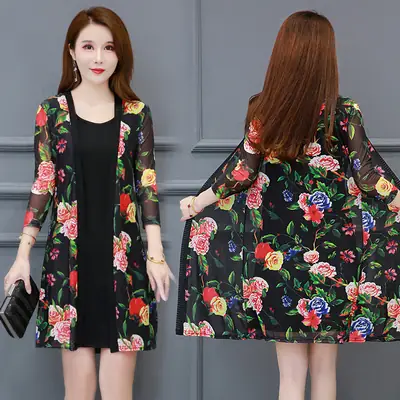 Women's Black Floral Lace Sunscreen Mid-Length Shawl Top Mesh Cardigan