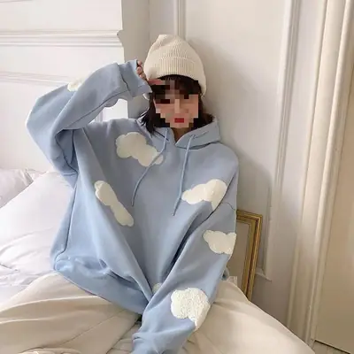 Women Fleece Hoodie Blue Cloud Print Loose Fit