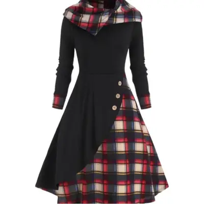 2023 Black Plaid Hooded Dress with Long Sleeves