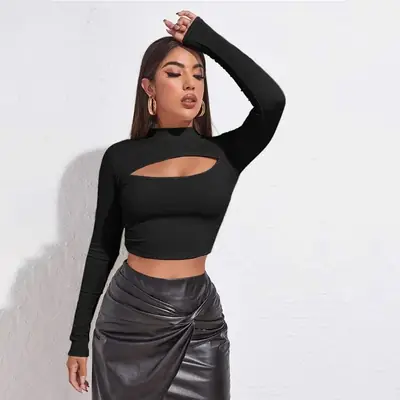 Women Long Sleeve T-Shirt with Hollow Out Chest & Slim Fit