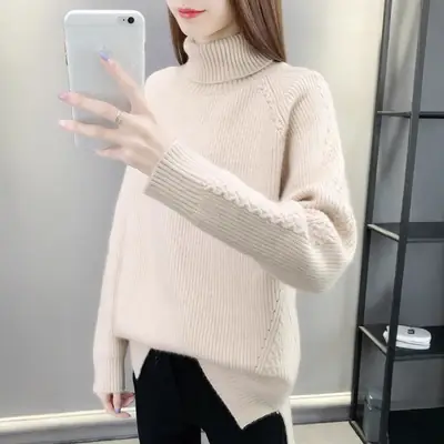 Women's Beige Turtleneck Knitted Sweater Winter Warm