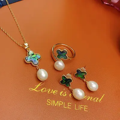 Gold Plated Pearl Flower Earrings Set with Necklace