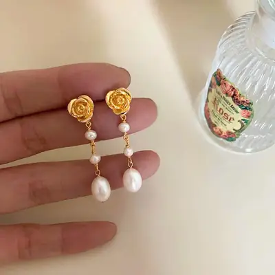 Vintage Pearl Earrings Long Rose Design Gold Plated