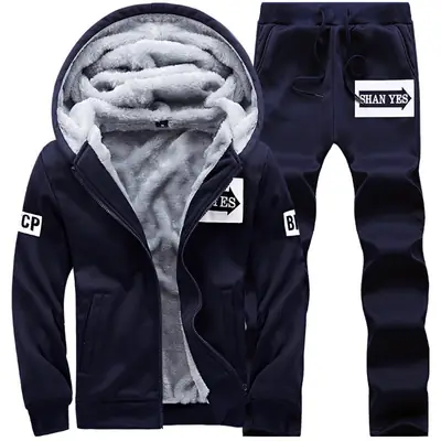 Men's Navy Blue Hooded Sweatshirt Track Suit with Fleece Lining