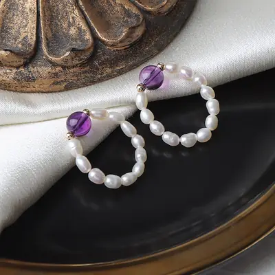 Amethyst Pearl Ring 14K Gold Filled Elastic One Size