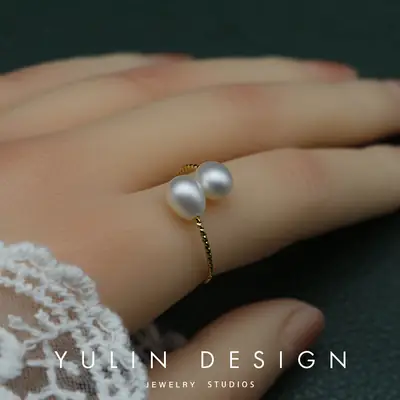 Women's Open Ring Pearl Ring with Gold Plated Band