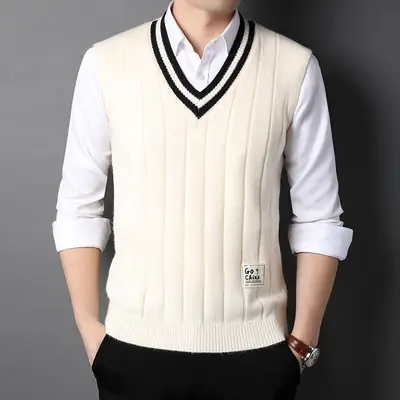 Men's Sleeveless Knit Vest White V-Neck Winter Warm