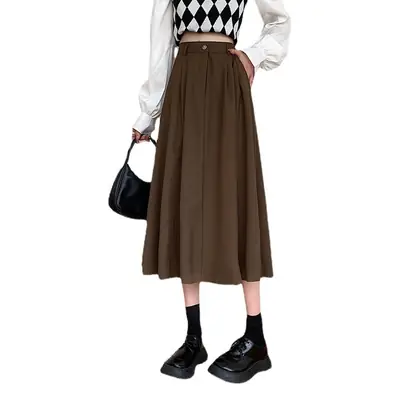 Vintage High-Waisted Skirt Women Brown Mid-Length 2025