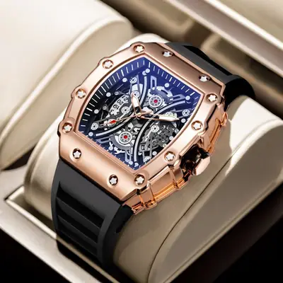 Men's Rose Gold Skeleton Watch with Black Silicone Band