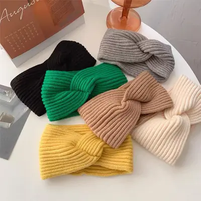 Cross Knitted Woolen Hair Band Women's Autumn Winter Out Tie Hair Accessories Solid Color Daily Wide-brim All-match Headband Headwear