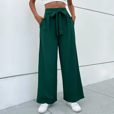 Women Wide Leg Green Trousers with Tie Waist