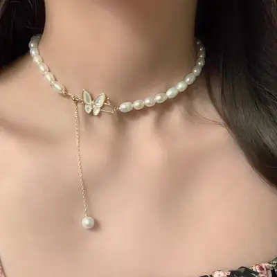 Butterfly Pearl Necklace Bracelet Silver Earrings Set