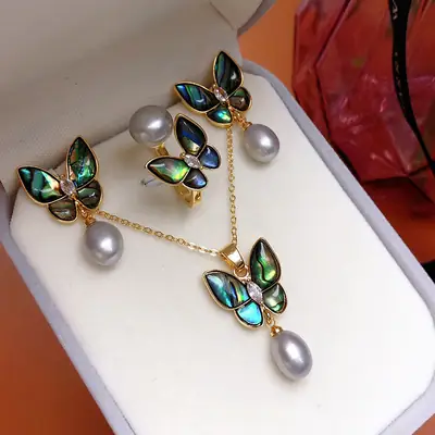 Golden Butterfly Pearl Pendant Set Three Piece Jewelry