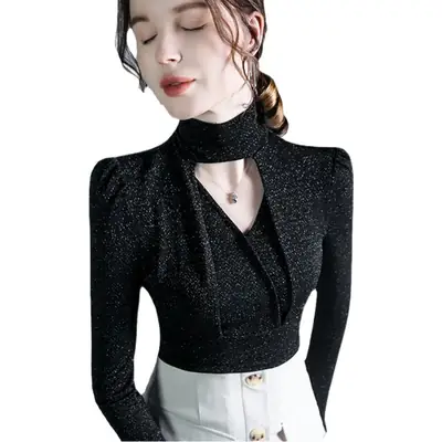 Black Silk Long Sleeve Neck Top with Keyhole Design