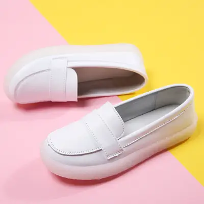 Women's White Leather Slip-On Flat Shoes
