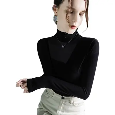 Black Velvet Long Sleeve Top for Women Autumn Winter