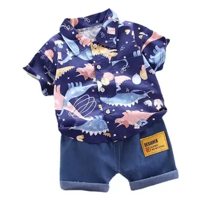 Boys' Navy Printed Shorts Suit with Hat & Sneakers