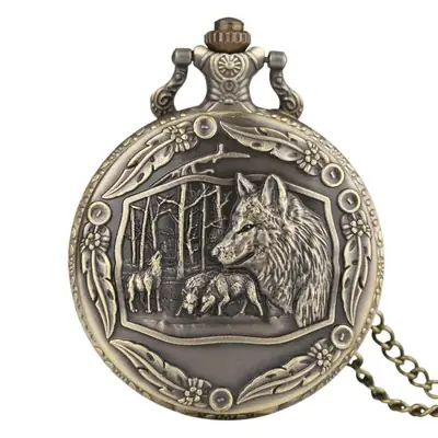 Vintage Bronze Wolf Pocket Watch Necklace for Men Women