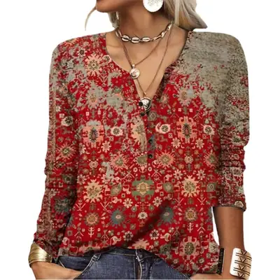 Women Long Sleeve Printed Blue Ethnic T-Shirt 2023