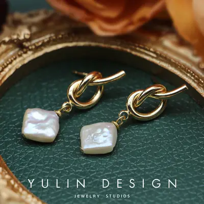 Natural Freshwater Baroque Pearl Earrings Square Ins Gold