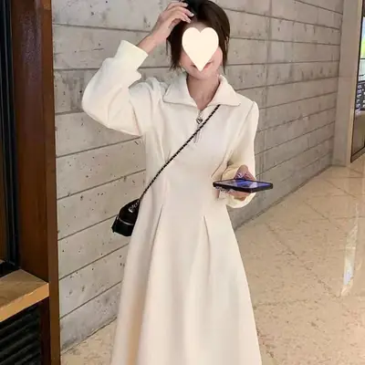 Women's Long Sleeve Waisted Skirt Dress Cream Plus Size