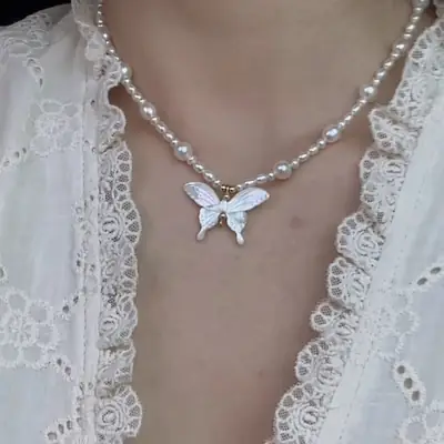 Natural Pearl Butterfly Necklace with White Butterfly Pendant