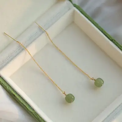Natural Hetian Jade Long Earrings 14K Gold Tassel