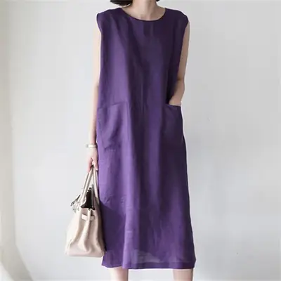 Women's Purple Sleeveless Linen Dress with Handbag