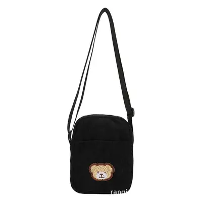 Cute Bear Embroidered Black Shoulder Bag for Women Men