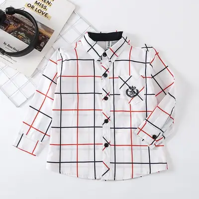 2024 Long Sleeve Spot Lapel Men Cotton White Plaid Shirt