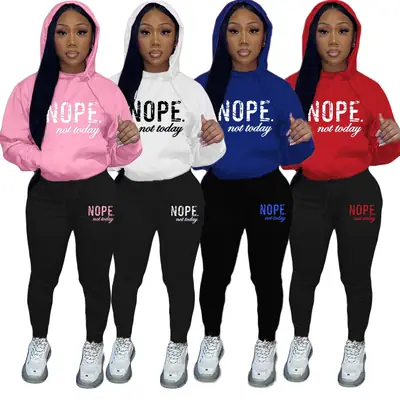 Red Hoodie & Black Pants Sports Set with "NOPE" Print