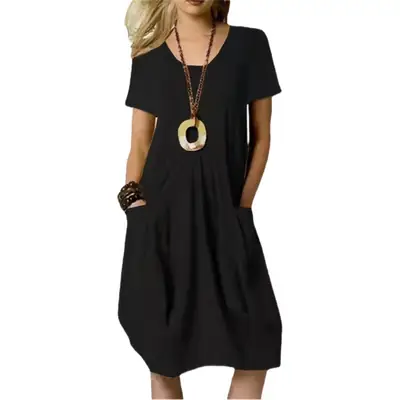 2023 Hot Cotton Linen Dress Beige Round Neck Short Sleeve