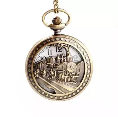 Retro Bronze Train Head Necklace Pendant Pocket Watch
