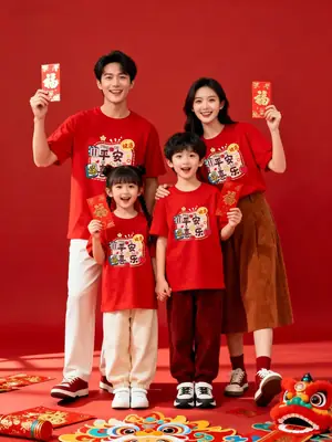 Family Red Cotton T-Shirt Set for Kids & Adults